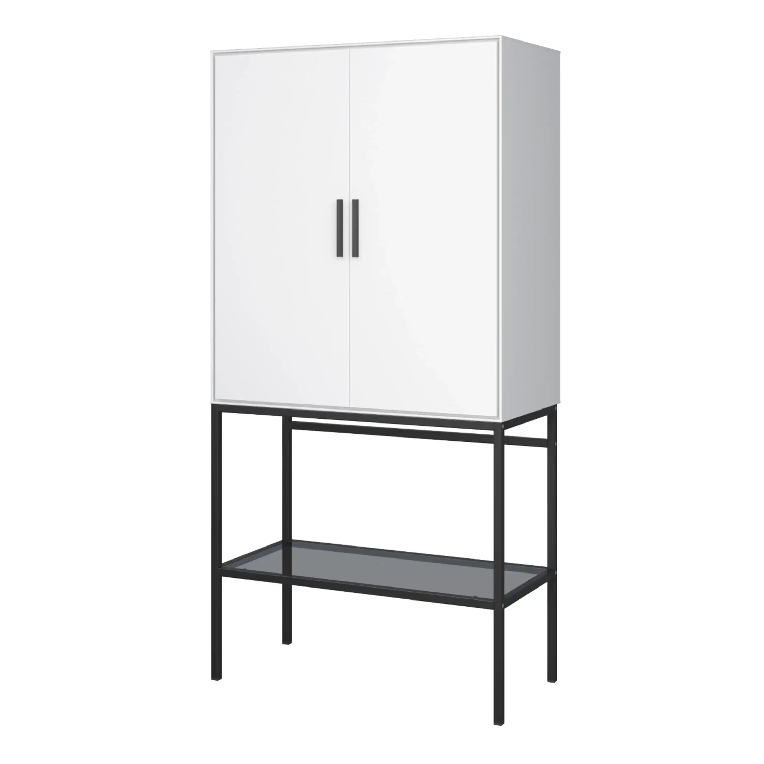 *Slimline 2 Door Tall Cabinet In Pure White With Steel Black Legs - Price Crash Furniture