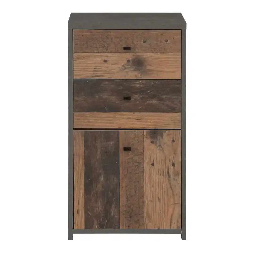 Best Chest Storage Cabinet 2 Drawers 1 Door in Concrete Optic Dark Grey/Old - Wood Vintage - Price Crash Furniture