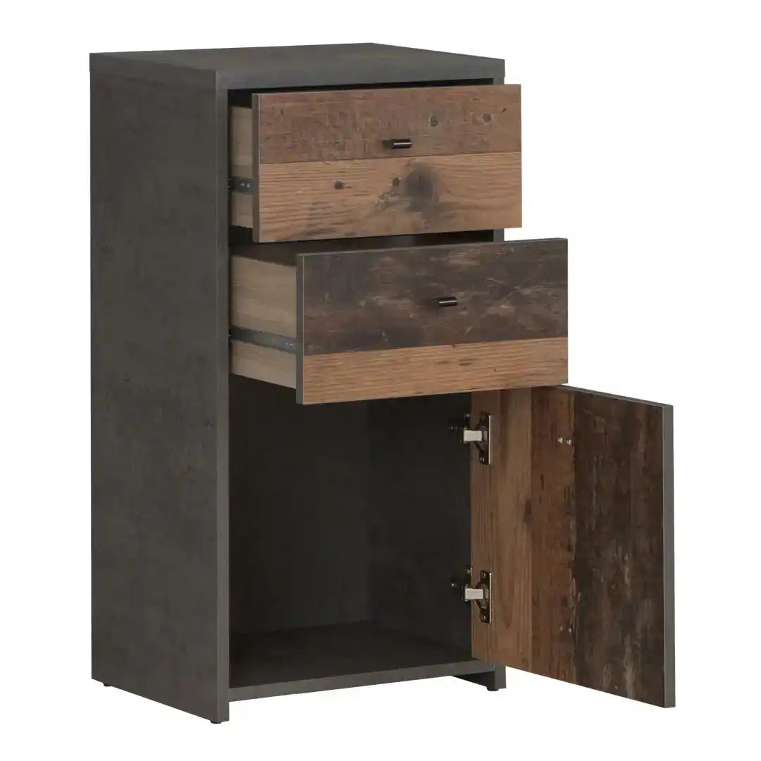 Best Chest Storage Cabinet 2 Drawers 1 Door in Concrete Optic Dark Grey/Old - Wood Vintage - Price Crash Furniture