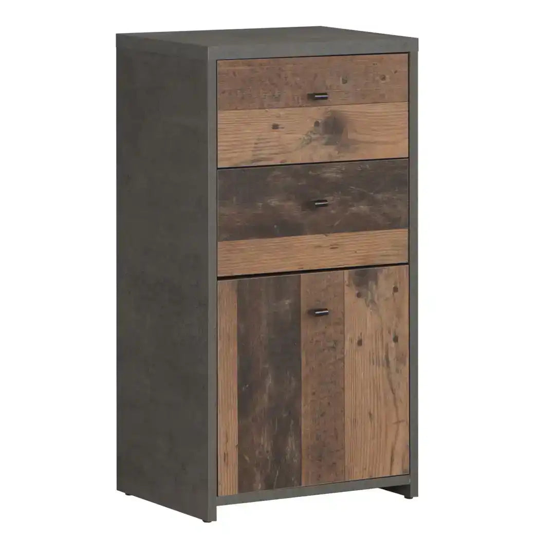 Best Chest Storage Cabinet 2 Drawers 1 Door in Concrete Optic Dark Grey/Old - Wood Vintage - Price Crash Furniture