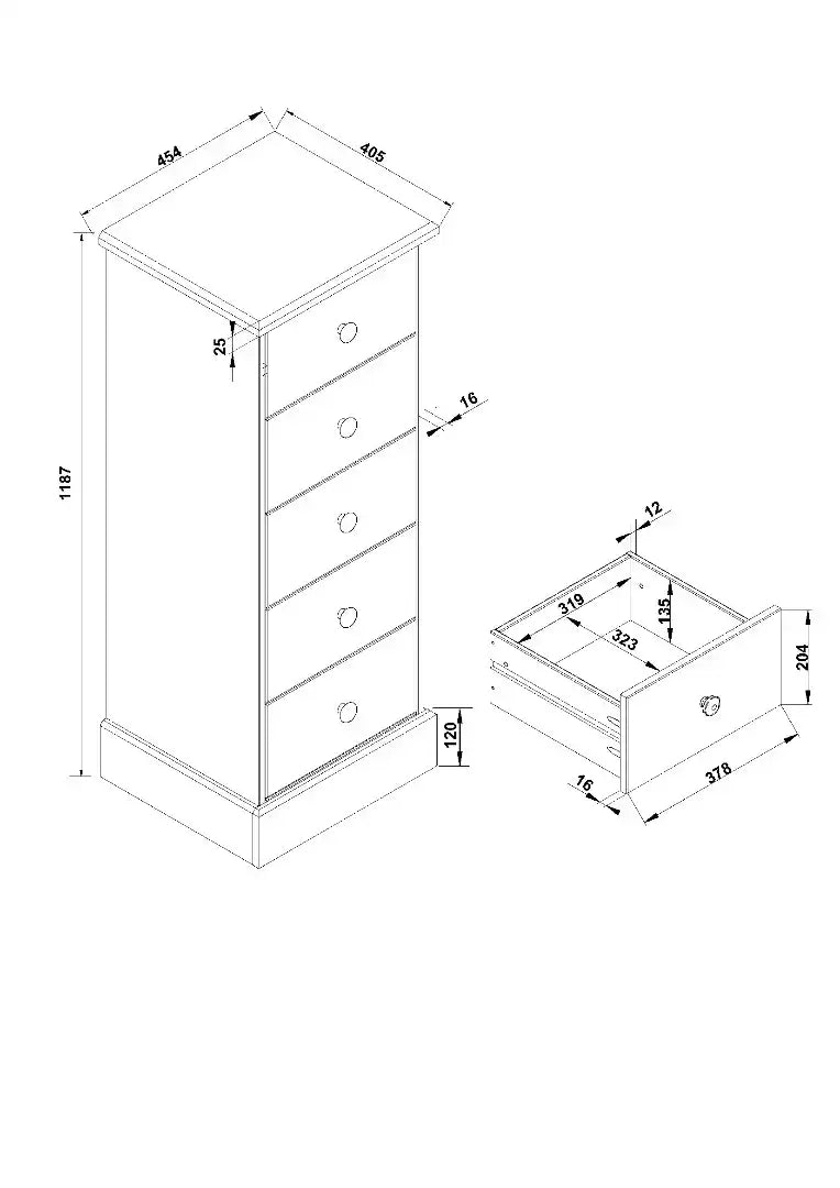 Cotswold 5 drawer narrow chest of drawers - Price Crash Furniture
