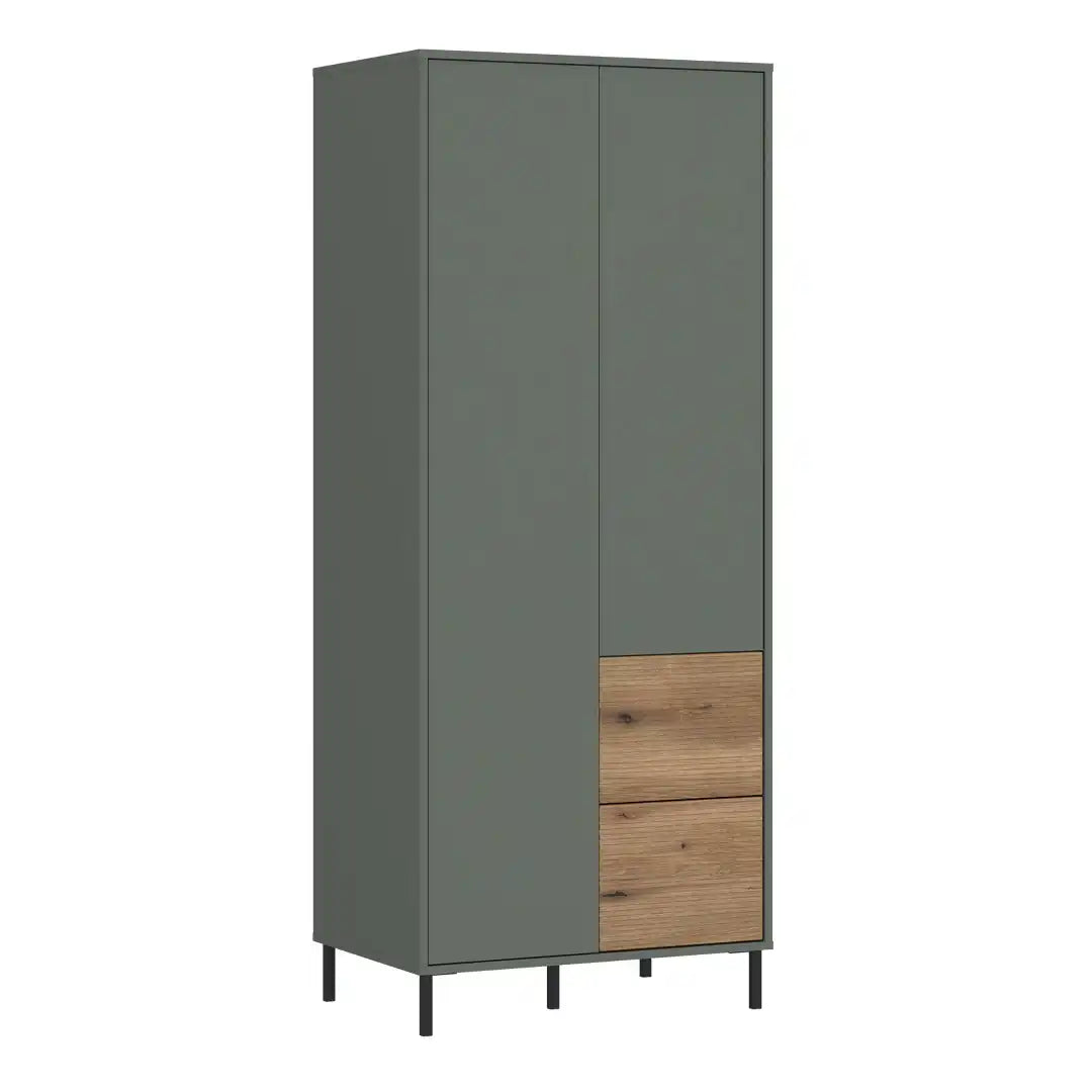 Darwin Wardrobe 2 Door 2 Drawer in Green/Oak - Price Crash Furniture
