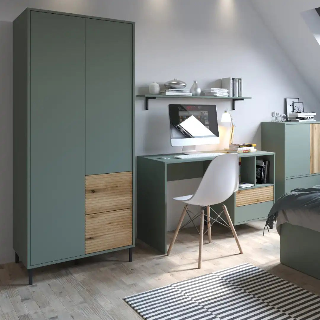 Darwin Wardrobe 2 Door 2 Drawer in Green/Oak - Price Crash Furniture