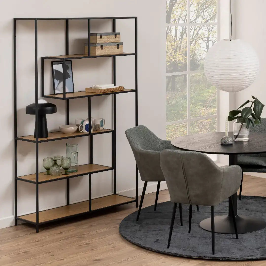 Seaford Black Metal Large Asymmetrical Bookcase with 5 Oak Shelves - Price Crash Furniture