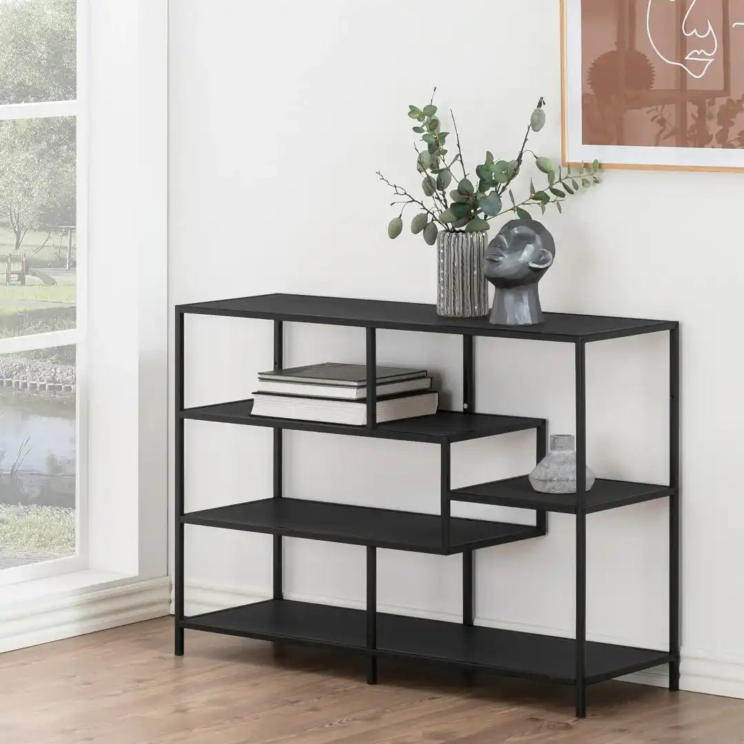 Seaford Wide Black Metal Bookcase with 4 Black Oak Shelves - Price Crash Furniture