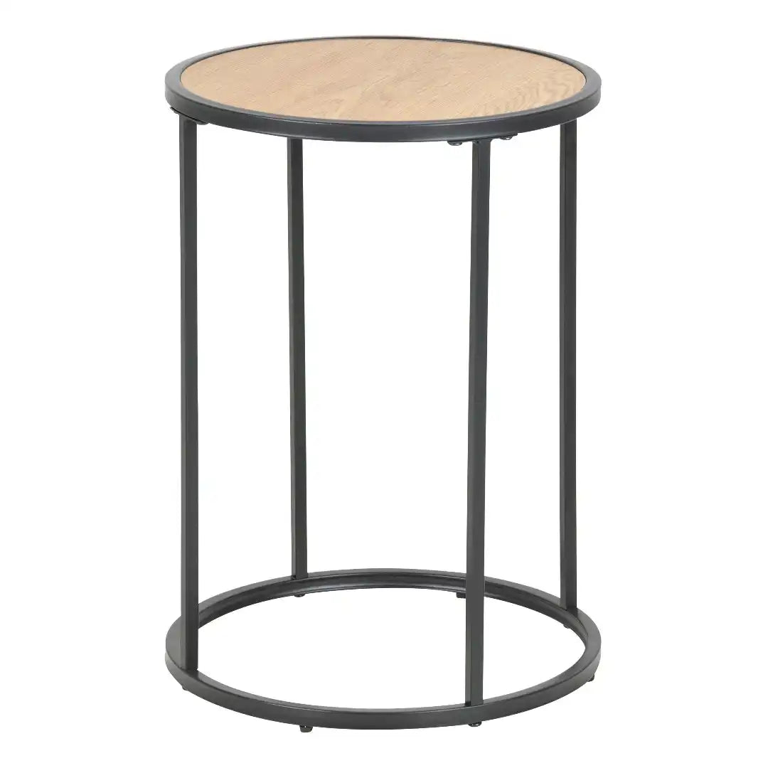 Seaford Black Metal Small Round Side Table with Oak Top - Price Crash Furniture