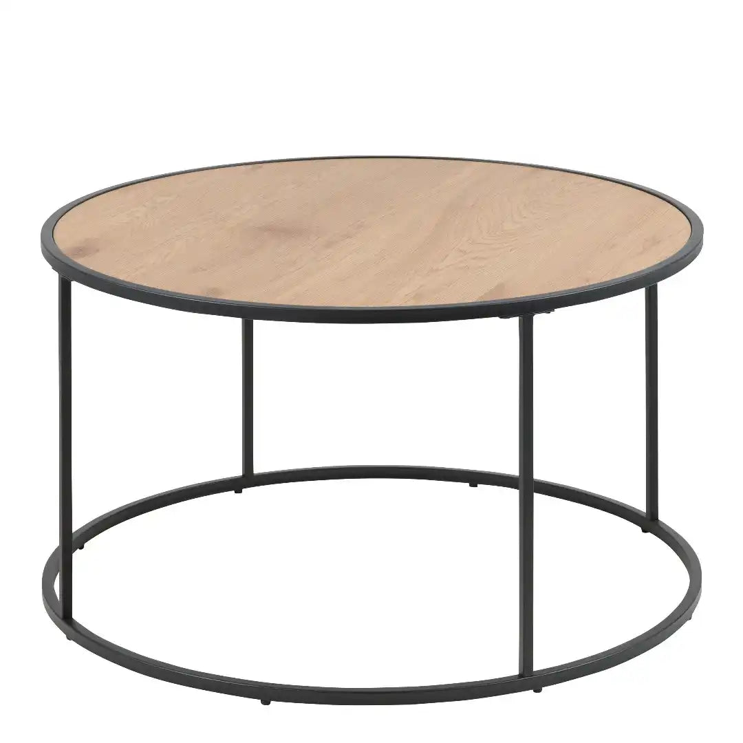 Seaford Black Metal Round Coffee Table with Oak Top - Price Crash Furniture