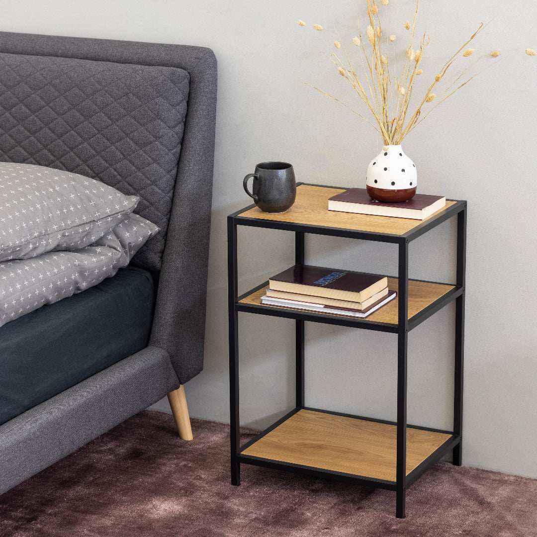Seaford Black Metal Bedside Table with 2 Oak Shelves - Price Crash Furniture
