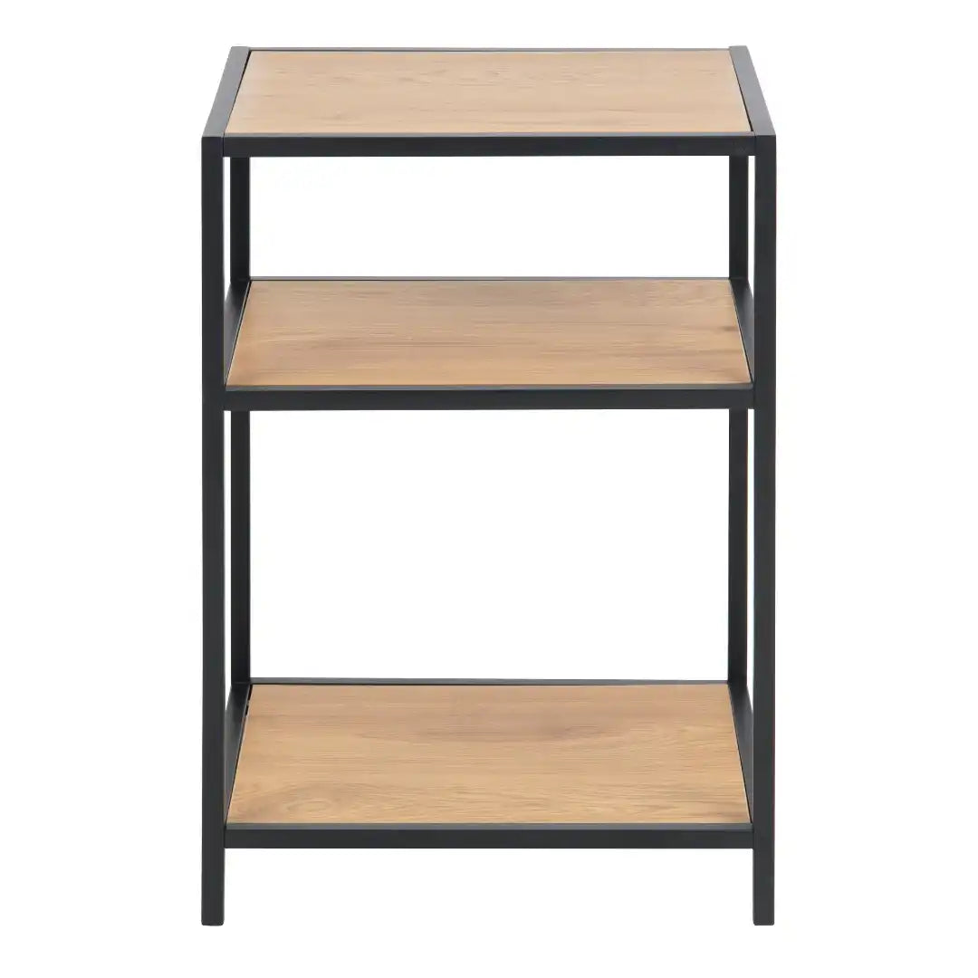 Seaford Black Metal Bedside Table with 2 Oak Shelves - Price Crash Furniture