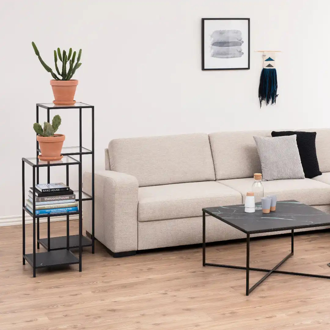 Seaford Narrow Black Metal Bookcase with 2 Glass Shelves - Price Crash Furniture