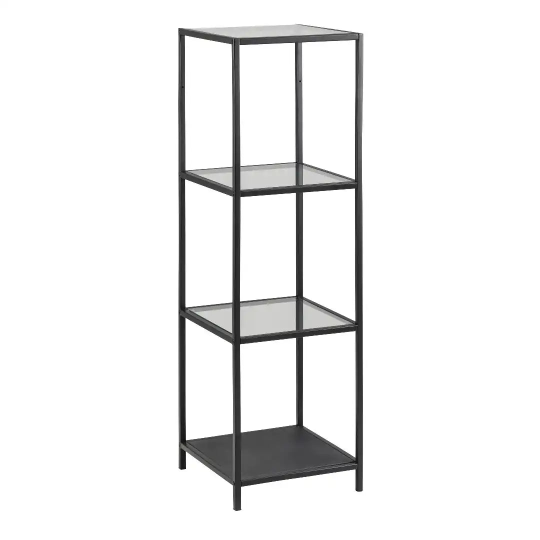 Seaford Narrow Black Metal Bookcase with 3 Glass Shelves - Price Crash Furniture