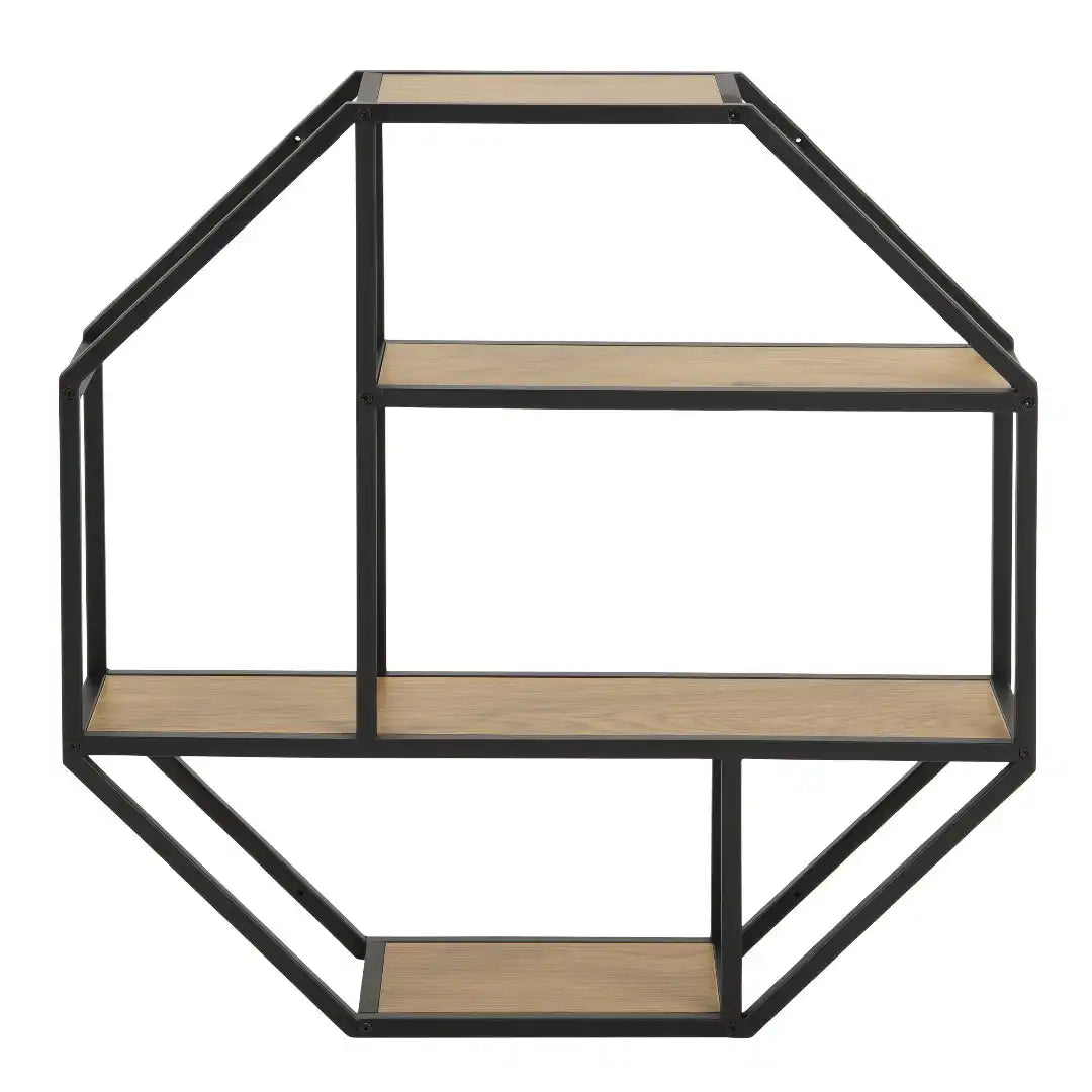 Seaford Octagonal Metal Wall Shelf in Black & Oak - Price Crash Furniture