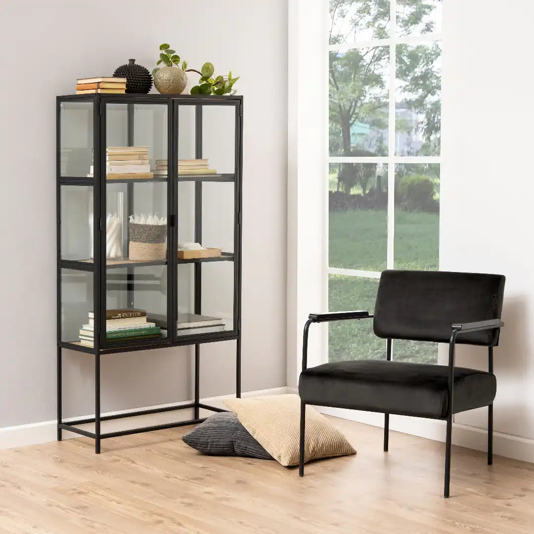 Seaford 2 Glass Door Display Cabinet in Black & Oak - Price Crash Furniture