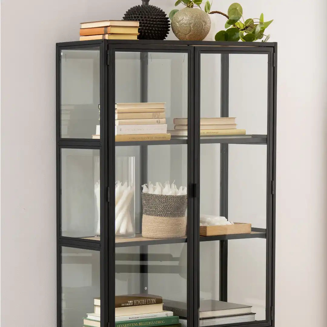 Seaford 2 Glass Door Display Cabinet in Black & Oak - Price Crash Furniture