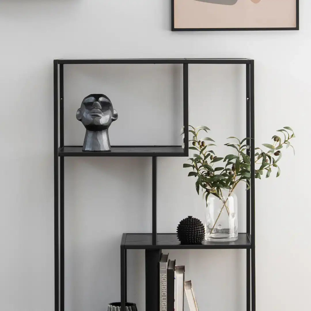 Seaford Black Metal Asymmetrical Bookcase with 3 Black Shelves - Price Crash Furniture
