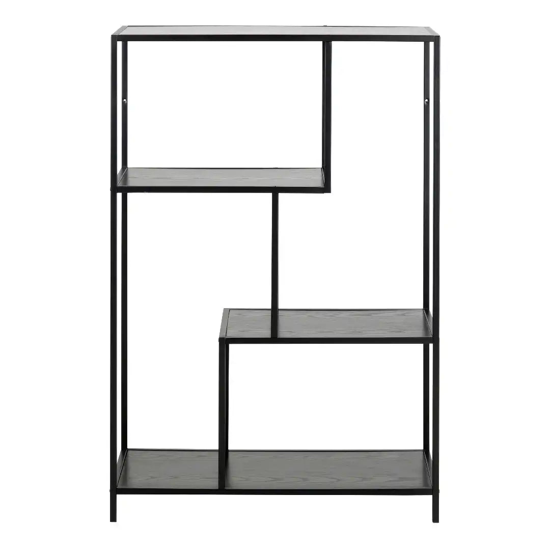 Seaford Black Metal Asymmetrical Bookcase with 3 Black Shelves - Price Crash Furniture