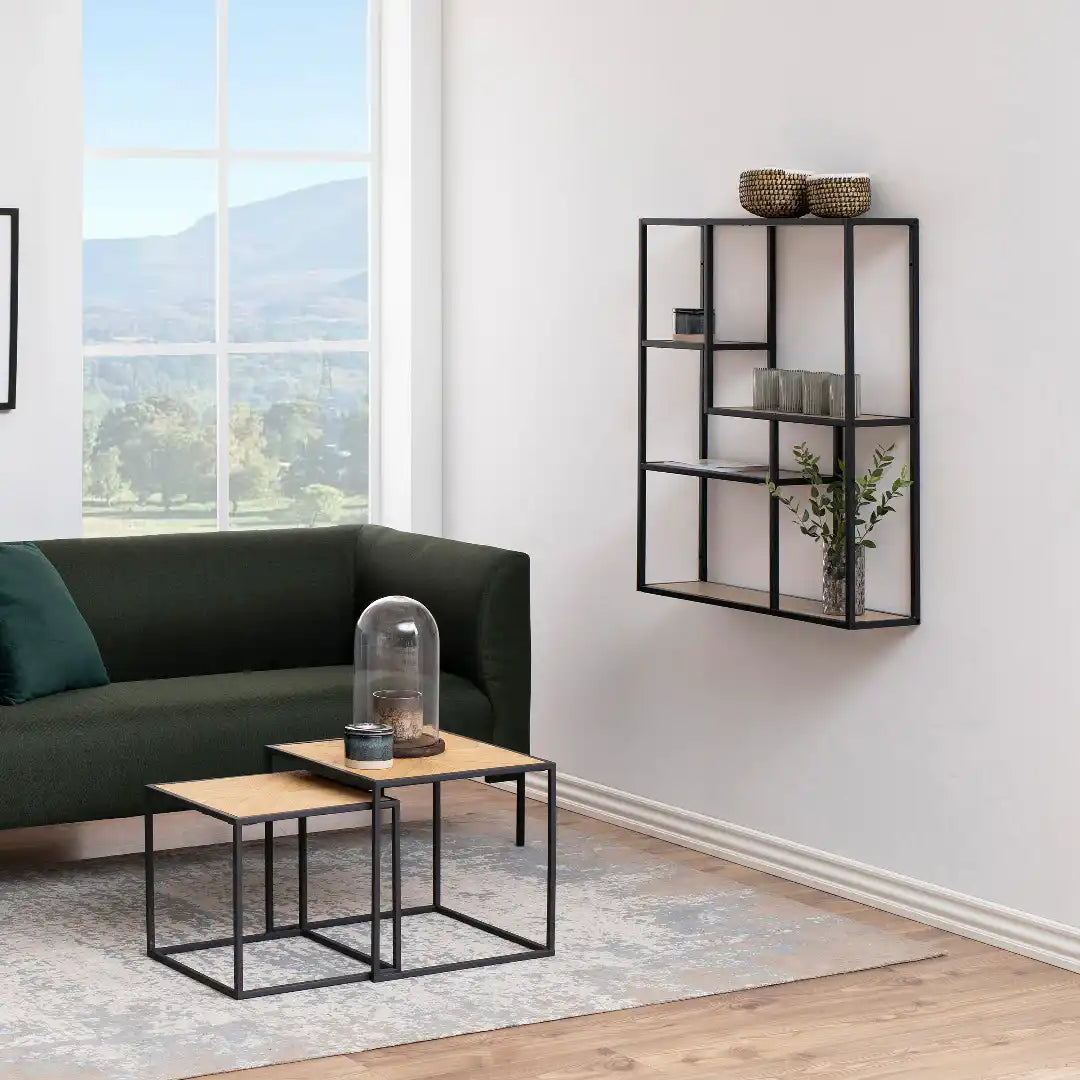 Seaford Black Metal Wall Shelf with 3 Additional Sonoma Oak Shelves - Price Crash Furniture