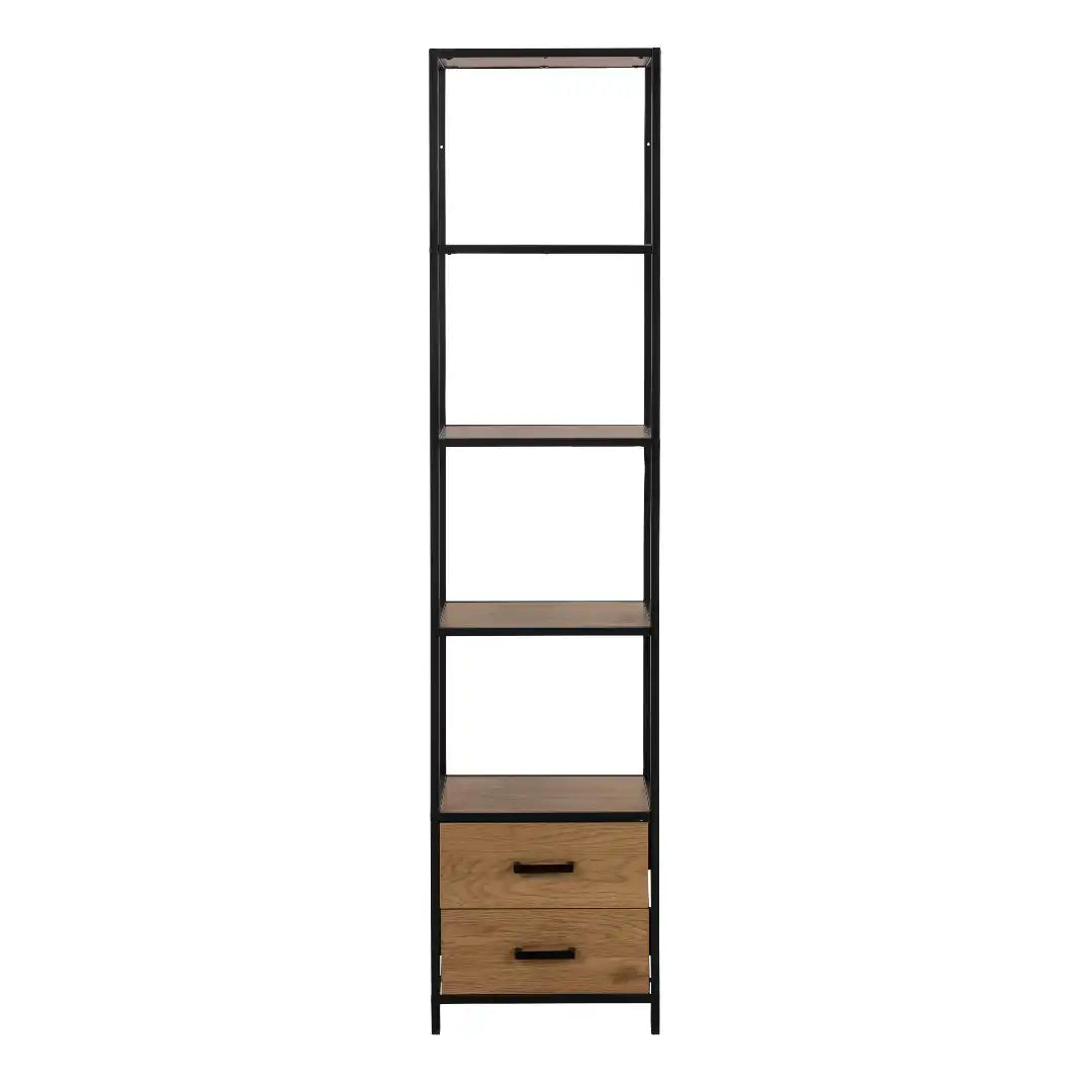 Seaford Bookcase with 2 Drawers and 3 Shelves in Black & Oak - Price Crash Furniture
