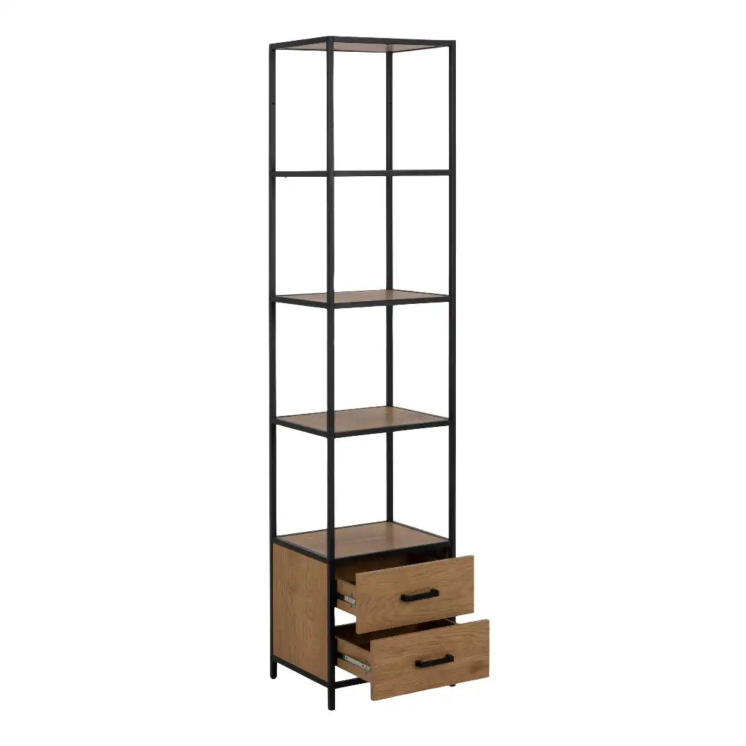 Seaford Bookcase with 2 Drawers and 3 Shelves in Black & Oak - Price Crash Furniture