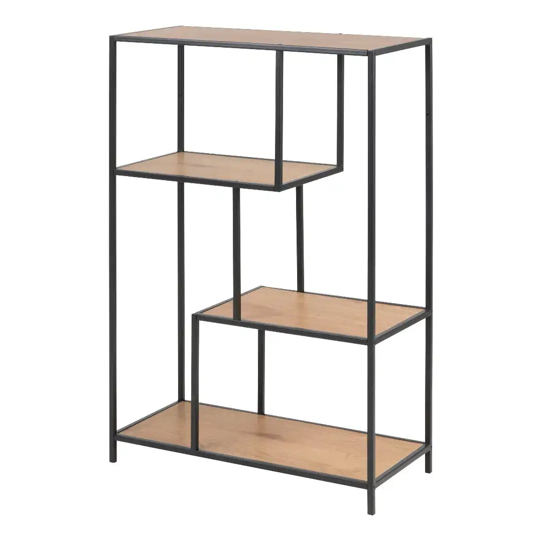 Seaford Black Metal Asymmetrical Bookcase with 3 Oak Shelves - Price Crash Furniture