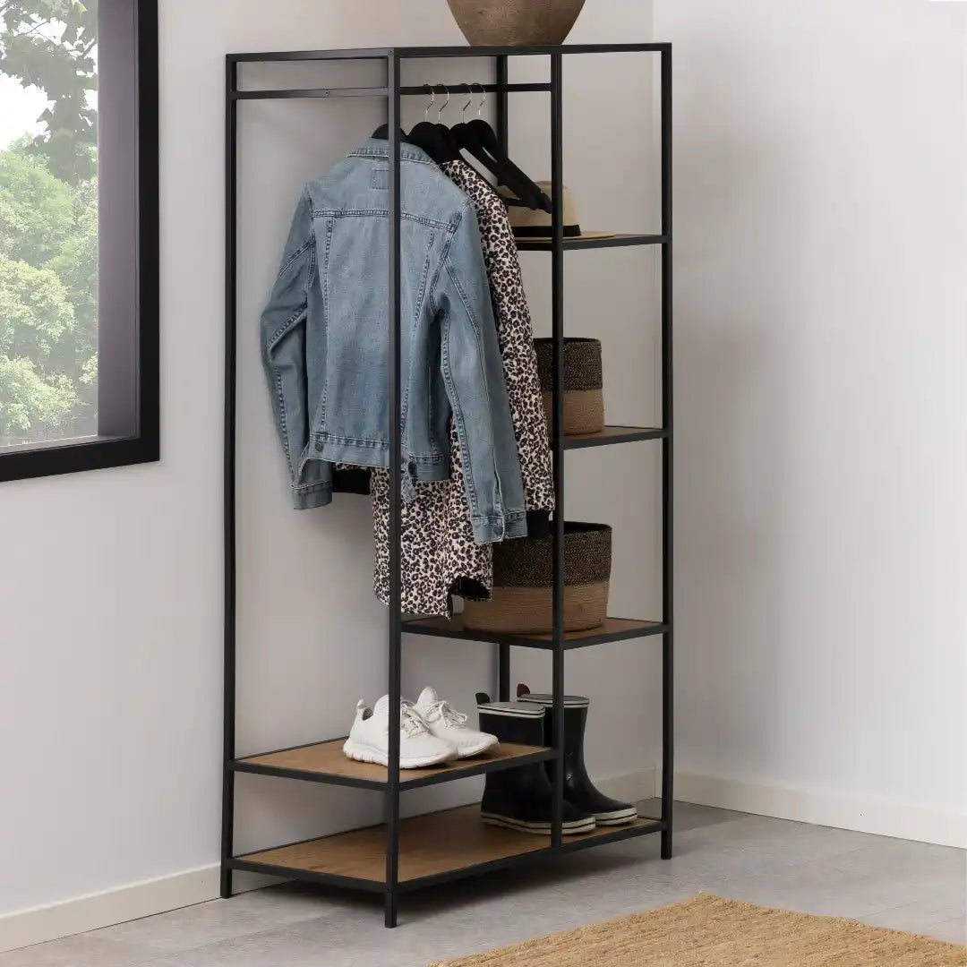 Seaford Black Metal Clothes Rack with 5 Oak Shelves - Price Crash Furniture