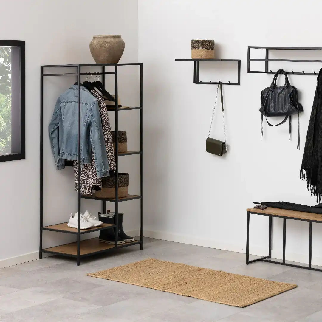 Seaford Black Metal Clothes Rack with 5 Oak Shelves - Price Crash Furniture