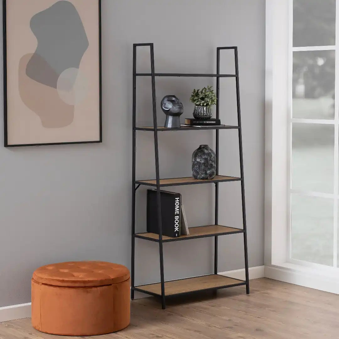 Seaford Black Metal Ladder Bookcase with 5 Oak Shelves - Price Crash Furniture