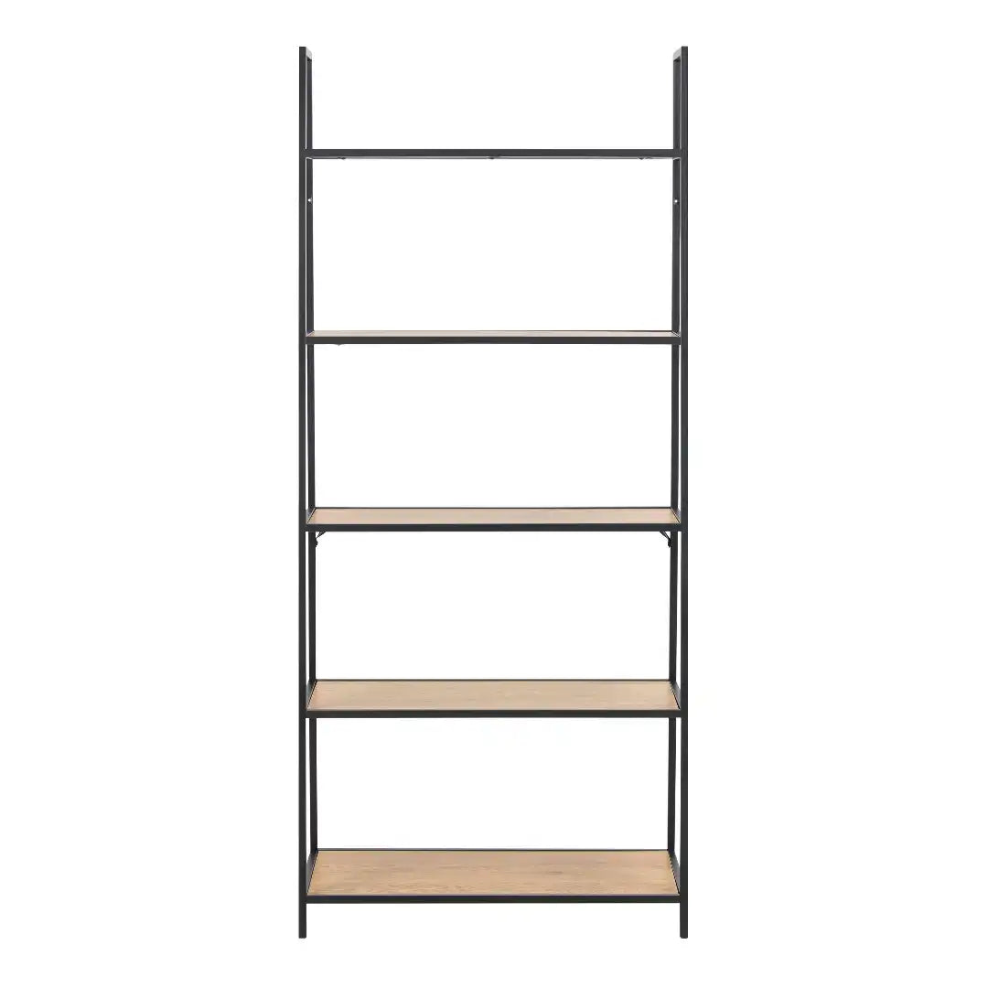Seaford Black Metal Ladder Bookcase with 5 Oak Shelves - Price Crash Furniture