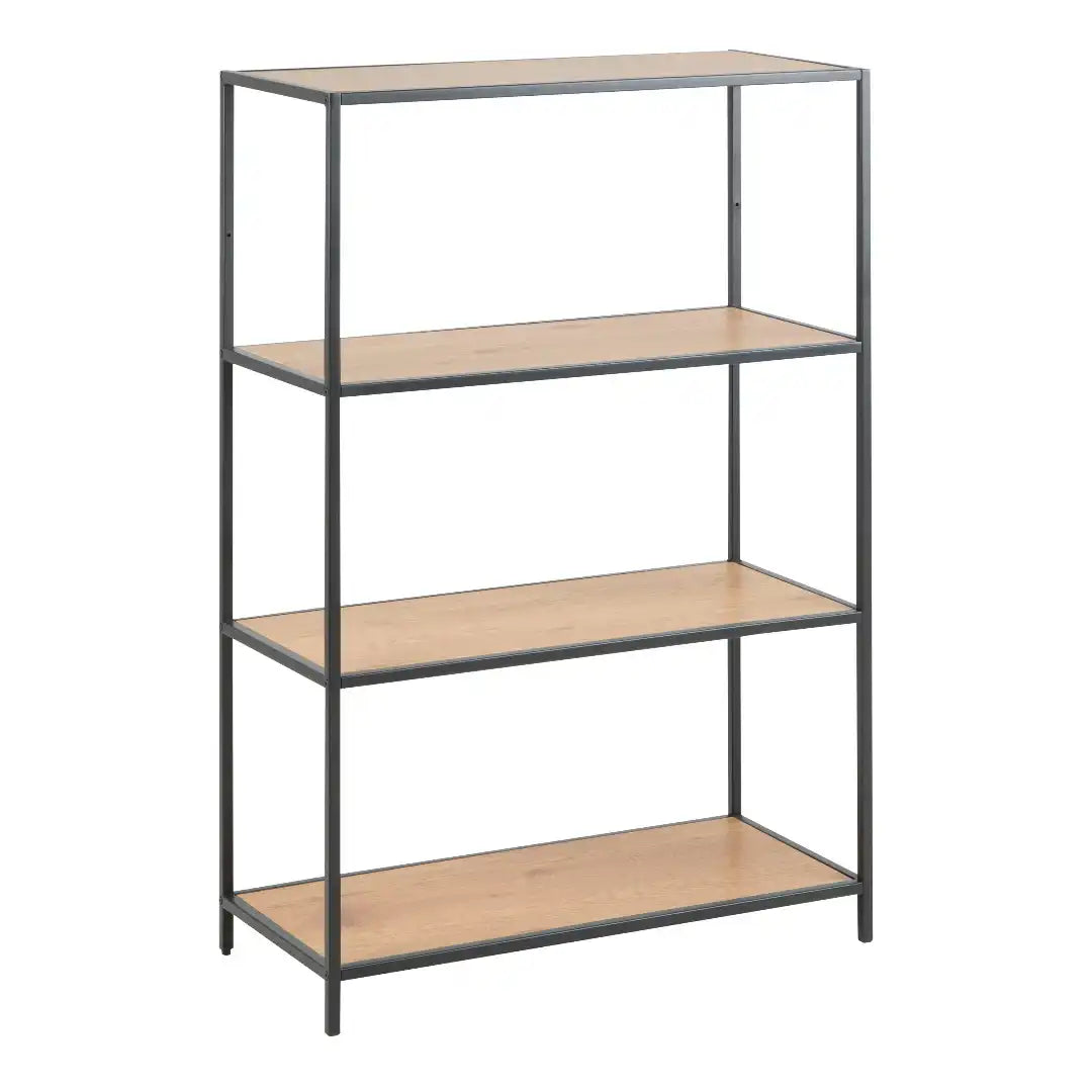 Seaford Black Metal Low Bookcase with 3 Oak Shelves - Price Crash Furniture