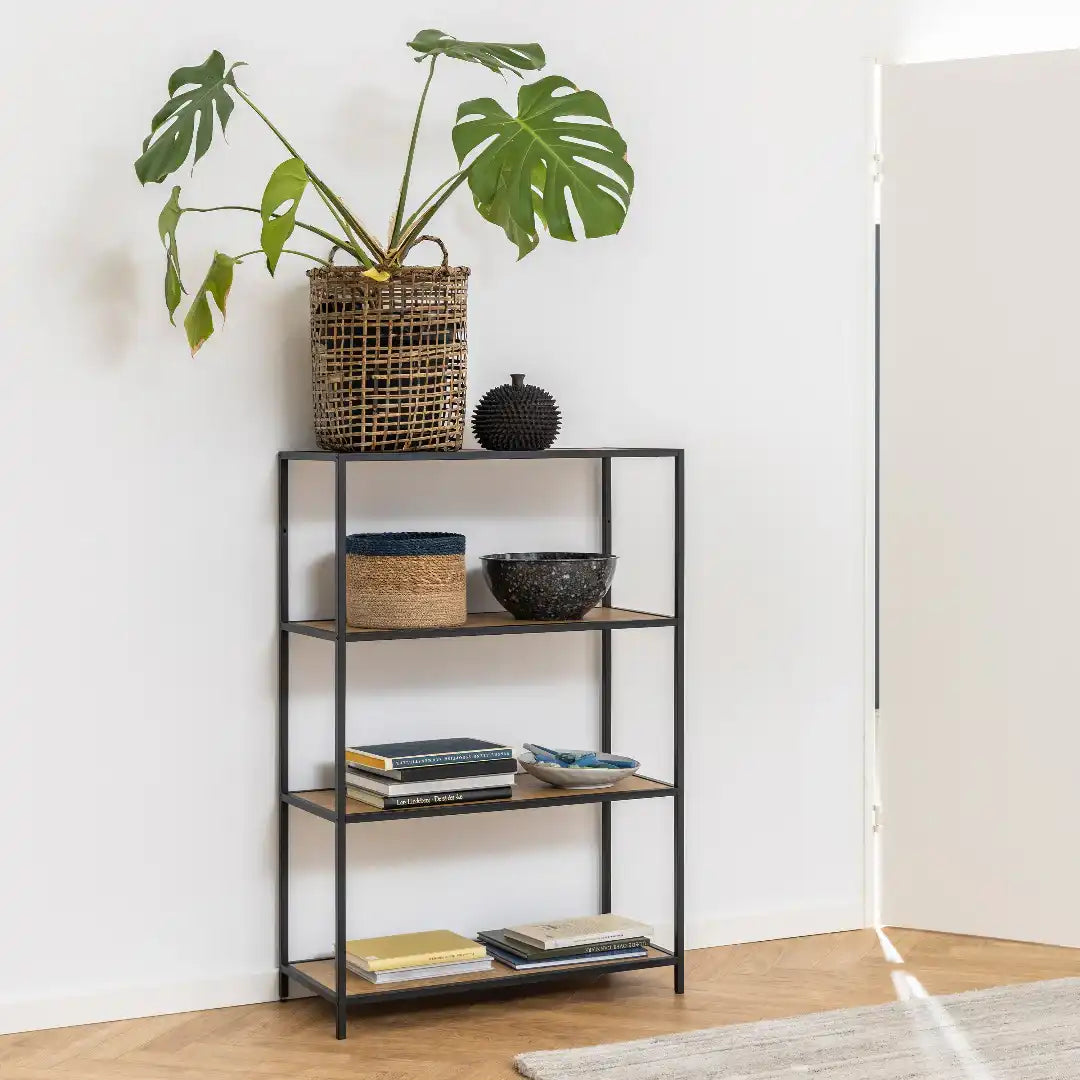 Seaford Black Metal Low Bookcase with 3 Oak Shelves - Price Crash Furniture