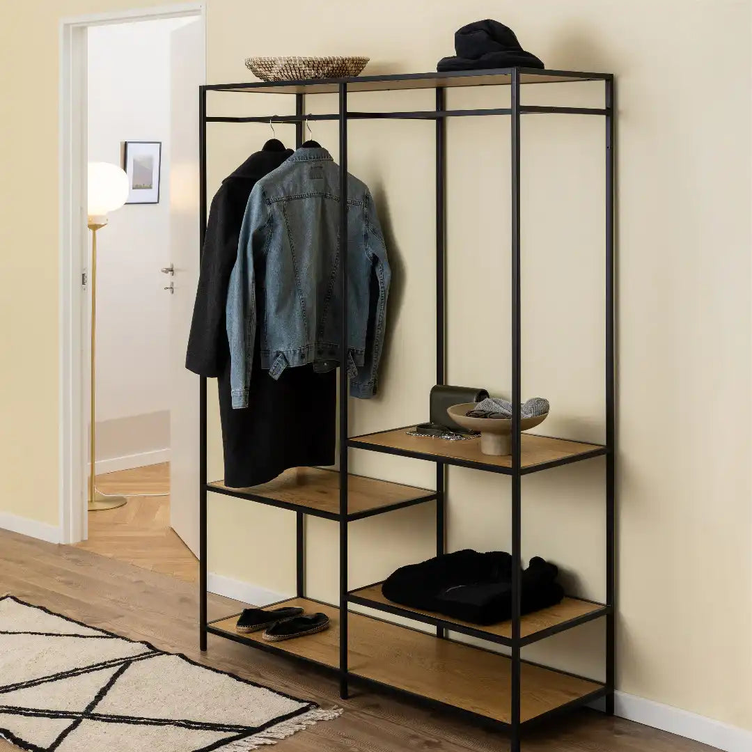 Seaford Clothes Rack with 4 Shelves in Black and Oak - Price Crash Furniture