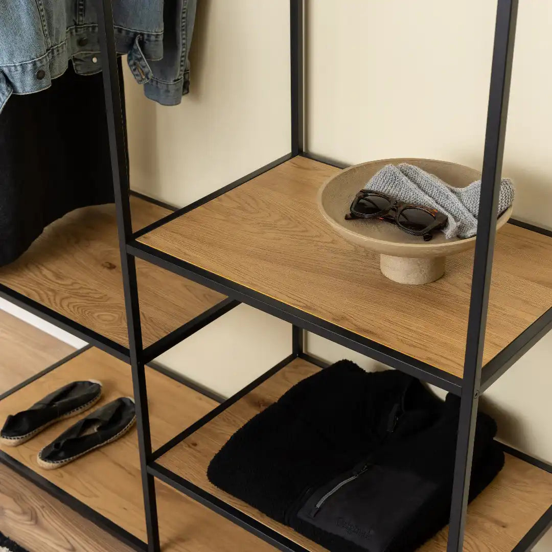 Seaford Clothes Rack with 4 Shelves in Black and Oak - Price Crash Furniture