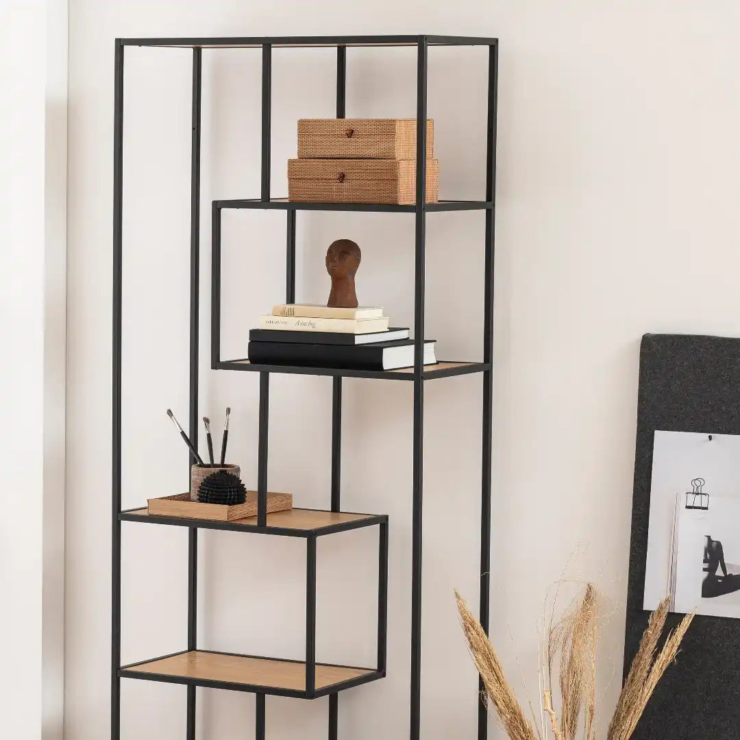 Seaford Tall Black Metal Bookcase with 5 Oak Shelves - Price Crash Furniture