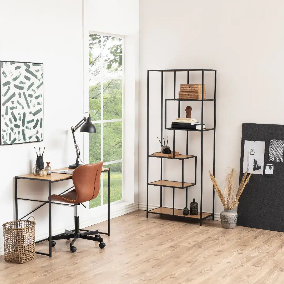 Seaford Tall Black Metal Bookcase with 5 Oak Shelves - Price Crash Furniture