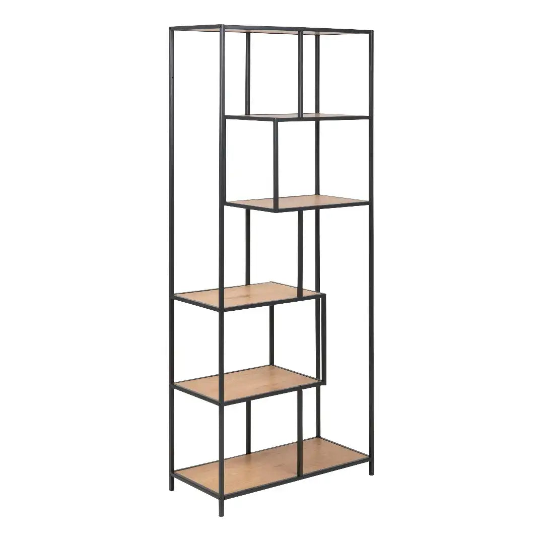 Seaford Tall Black Metal Bookcase with 5 Oak Shelves - Price Crash Furniture