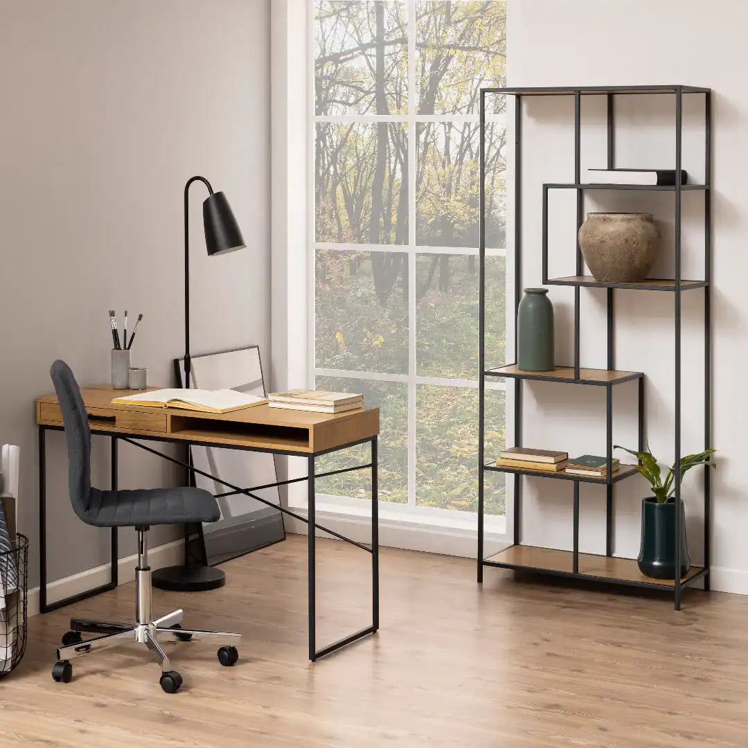 Seaford Tall Black Metal Bookcase with 5 Oak Shelves - Price Crash Furniture