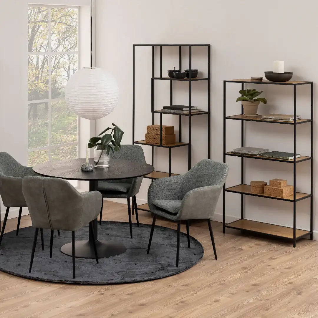 Seaford Tall Black Metal Bookcase with 5 Oak Shelves - Price Crash Furniture