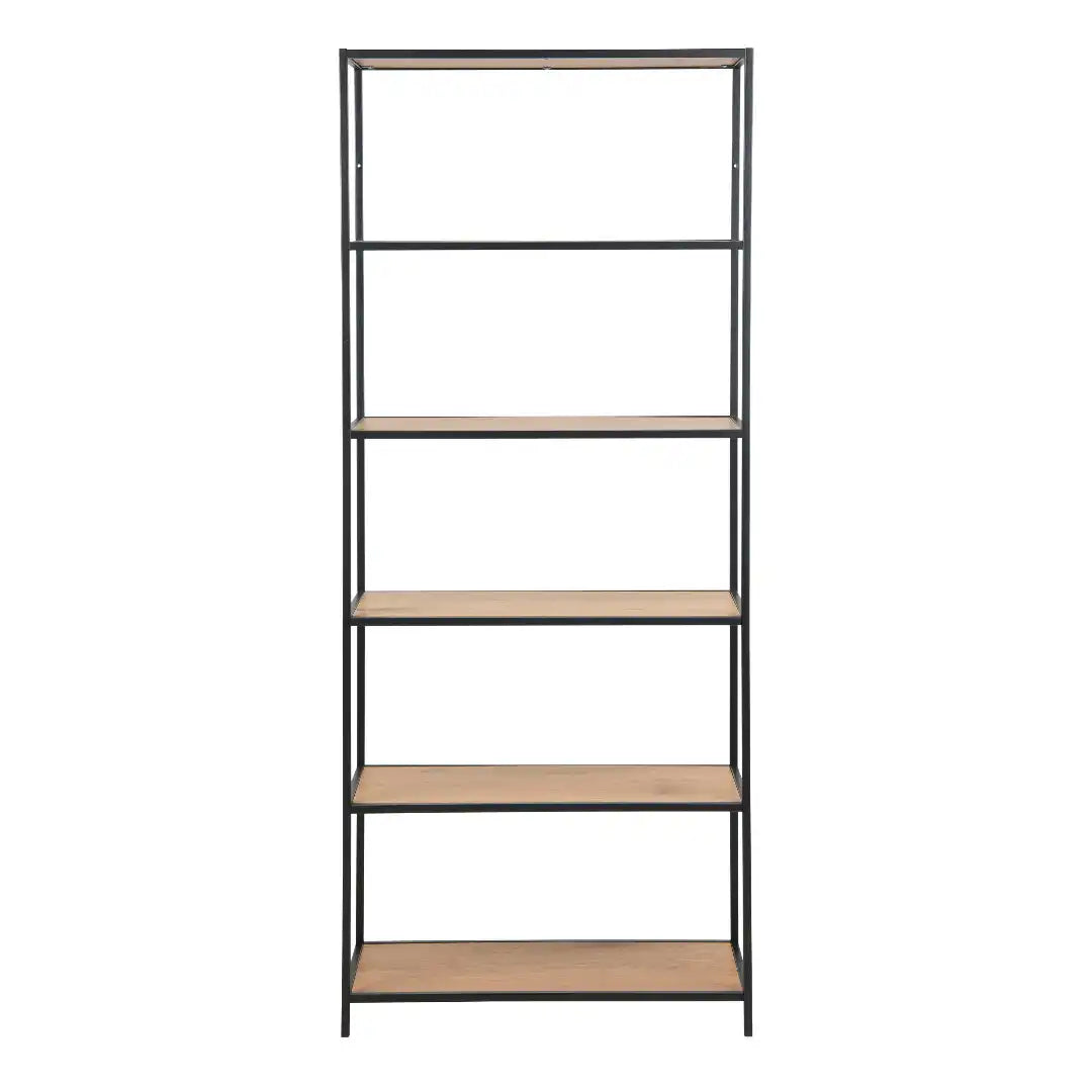 Seaford Tall Black Metal Bookcase with 5 Shelves in Oak - Price Crash Furniture
