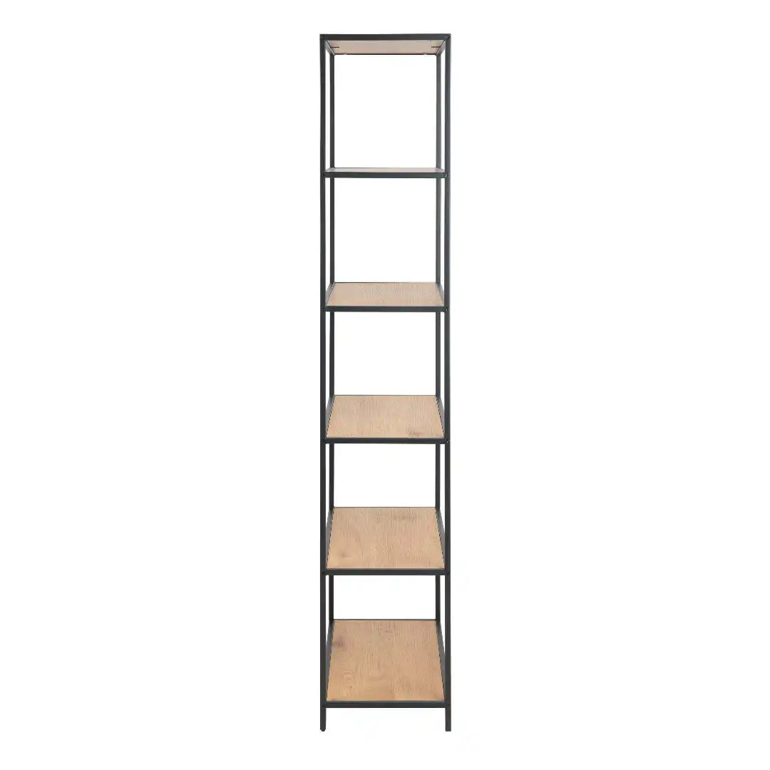 Seaford Tall Black Metal Bookcase with 5 Shelves in Oak - Price Crash Furniture