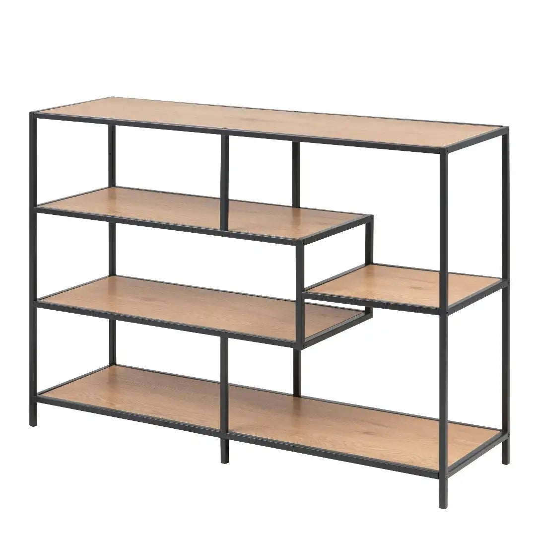 Seaford Wide Black Metal Bookcase with 4 Oak Shelves - Price Crash Furniture