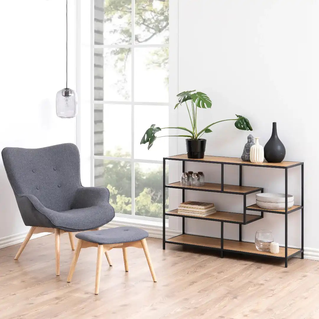 Seaford Wide Black Metal Bookcase with 4 Oak Shelves - Price Crash Furniture