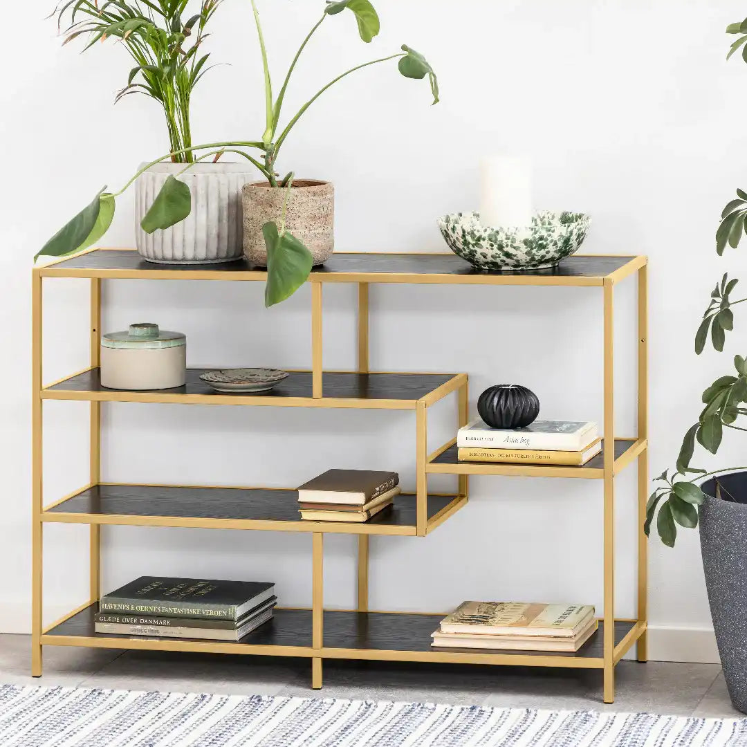 Seaford Wide Gold Metal Bookcase with 4 Black Shelves - Price Crash Furniture