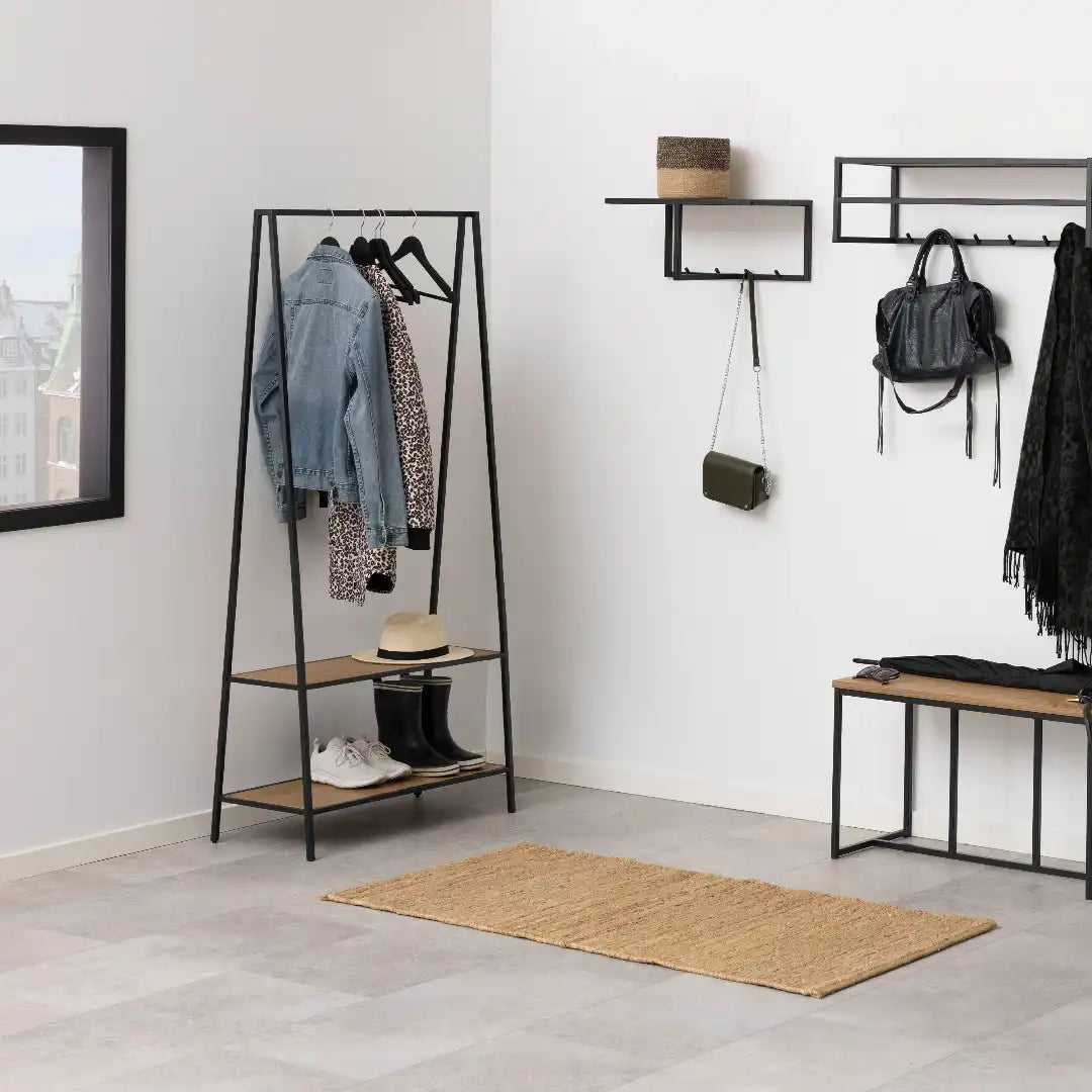 Seaford Black Metal Clothes Rack with 2 Oak Shelves - Price Crash Furniture