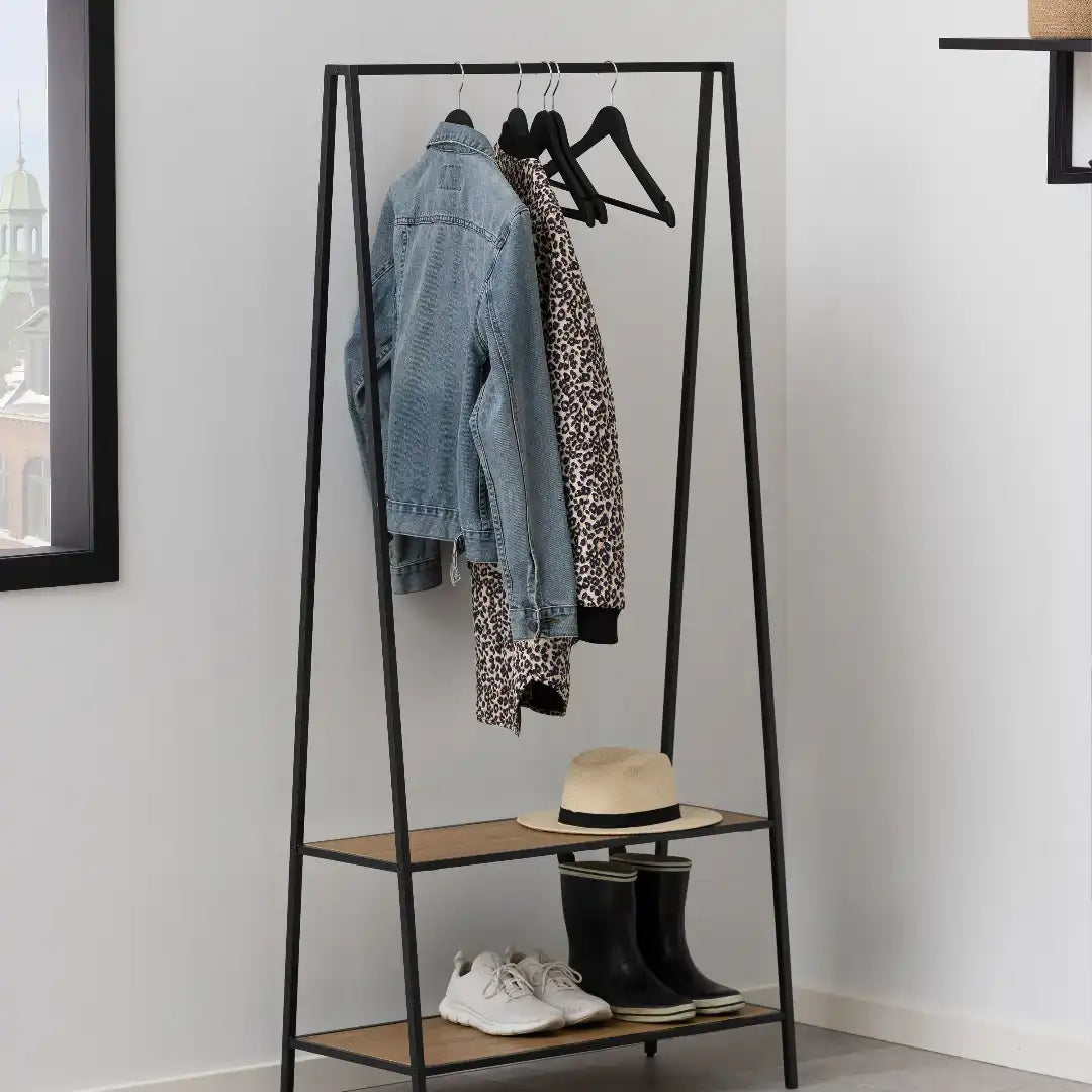 Seaford Black Metal Clothes Rack with 2 Oak Shelves - Price Crash Furniture