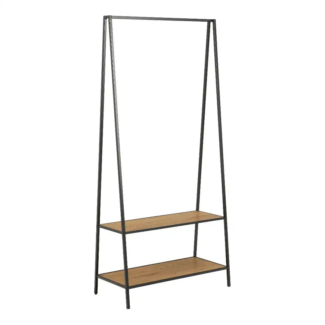 Seaford Black Metal Clothes Rack with 2 Oak Shelves - Price Crash Furniture