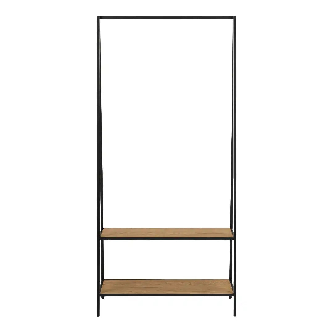 Seaford Black Metal Clothes Rack with 2 Oak Shelves - Price Crash Furniture