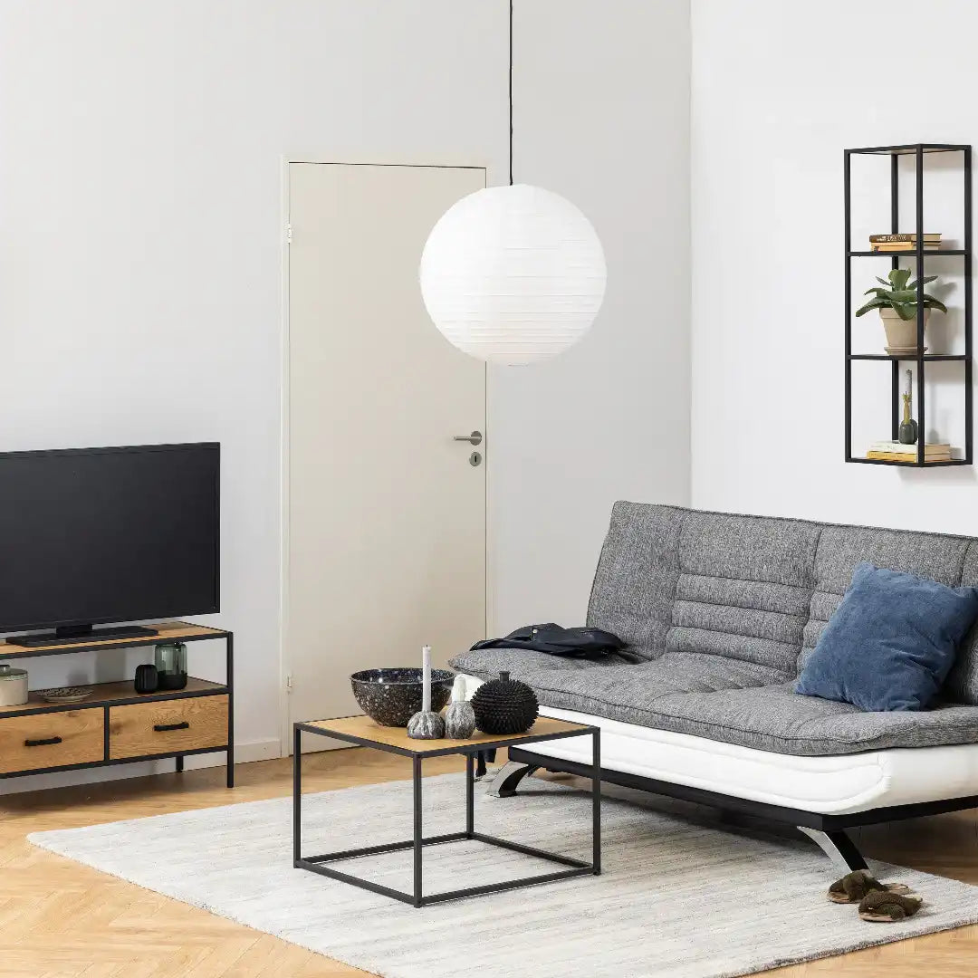 Seaford Square Black Metal Coffee Table with Oak Top - Price Crash Furniture