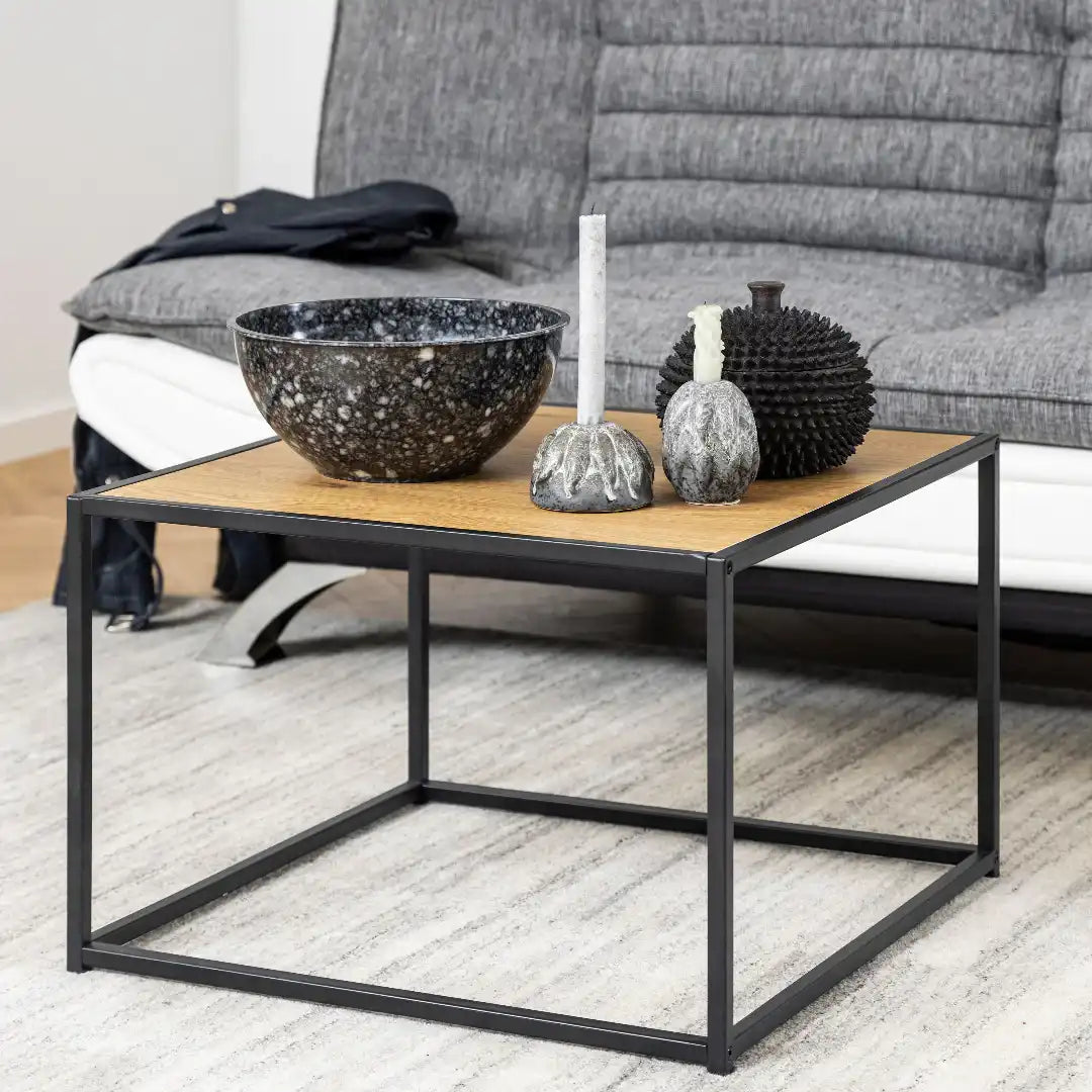 Seaford Square Black Metal Coffee Table with Oak Top - Price Crash Furniture