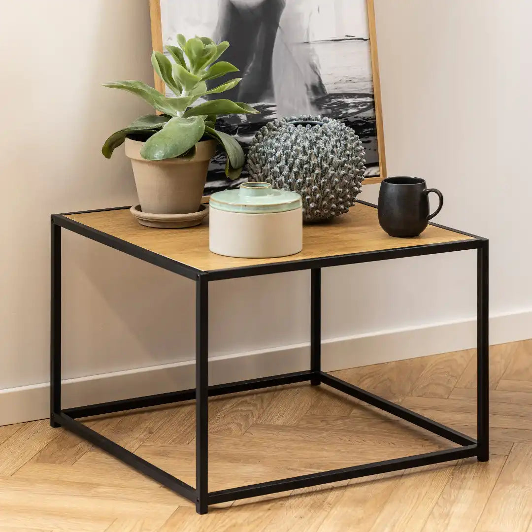 Seaford Square Black Metal Coffee Table with Oak Top - Price Crash Furniture