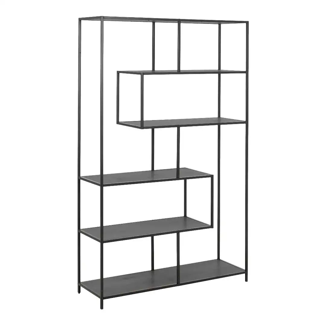 Seaford Black Metal Large Asymmetrical Bookcase with 5 Black Shelves - Price Crash Furniture